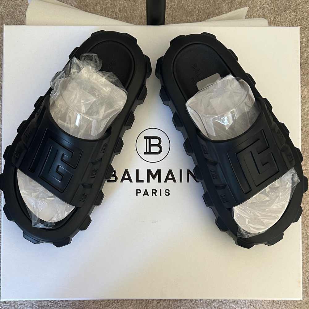 Balmain Womens Black Ari Rubber Slides Sandals US 6/7 EU 36/37